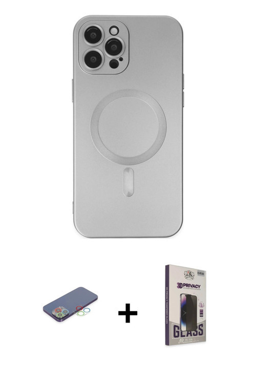 iPhone 12 Pro Max Kılıf Akış Minimal Özel Seri - Siyah Bilvis Hayalet Cam Ekran Koruyucu + Mavi