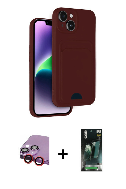 iPhone 14 Kılıf Vadi Çizgi Prime - Şeffaf 360 Full Body Arka Koruyucu + Kırmızı Raze Metal Kame