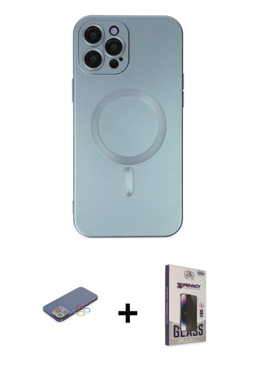 iPhone 12 Pro Max Kılıf Akış Minimal Özel Seri - Siyah Bilvis Hayalet Cam Ekran Koruyucu + Mavi