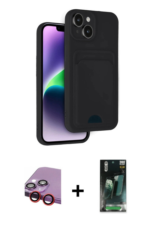 iPhone 14 Kılıf Vadi Çizgi Prime - Şeffaf 360 Full Body Arka Koruyucu + Kırmızı Raze Metal Kame