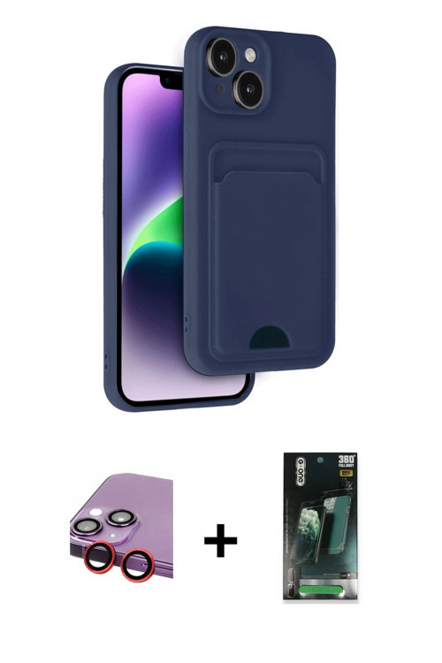 iPhone 14 Kılıf Vadi Çizgi Prime - Şeffaf 360 Full Body Arka Koruyucu + Kırmızı Raze Metal Kame
