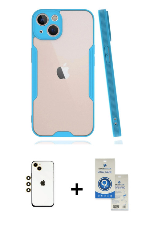 iPhone 14 Kılıf Atlas Asil Serisi - Şeffaf Royal Nano Ekran Koruyucu + Gold Shine Kamera Lens