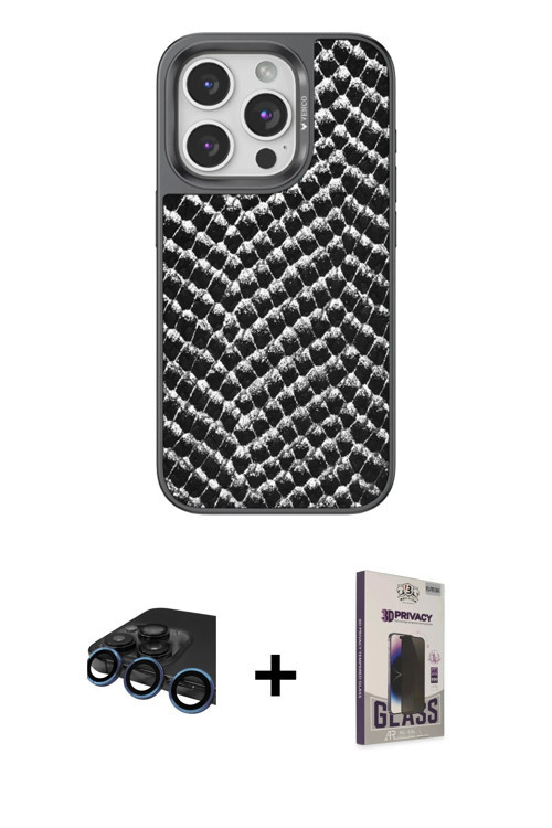 iPhone 15 Pro Max Kılıf Vadi Özel Seri - Siyah Bilvis Hayalet Cam Ekran Koruyucu + Lacivert Raz