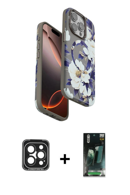 iPhone 15 Pro Max Kılıf Siluet Doku - Şeffaf 360 Full Body Arka Koruyucu + Siyah PVD Metal Kame