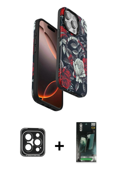 iPhone 15 Pro Max Kılıf Siluet Doku - Şeffaf 360 Full Body Arka Koruyucu + Siyah PVD Metal Kame