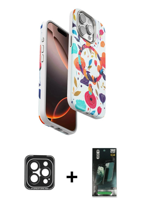 iPhone 15 Pro Max Kılıf Siluet Doku - Şeffaf 360 Full Body Arka Koruyucu + Siyah PVD Metal Kame