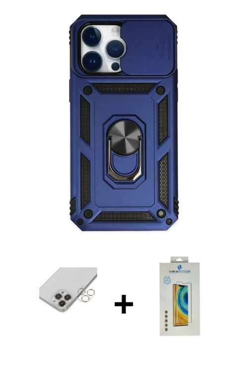 iPhone 14 Pro Max Kılıf Ahenk Klasik - Siyah Polymer Nano Ekran Koruyucu + Gold Band Metal Kame