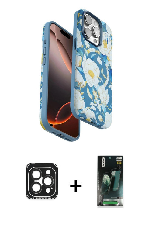 iPhone 15 Pro Max Kılıf Siluet Doku - Şeffaf 360 Full Body Arka Koruyucu + Siyah PVD Metal Kame