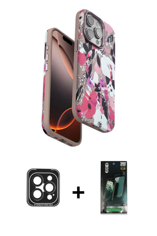 iPhone 15 Pro Max Kılıf Siluet Doku - Şeffaf 360 Full Body Arka Koruyucu + Siyah PVD Metal Kame