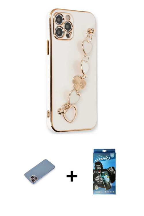 iPhone 12 Pro Max Kılıf Nova Işık Prime - Siyah 34D Izgaralı Cam + Pembe Shine Kamera Lens Koru