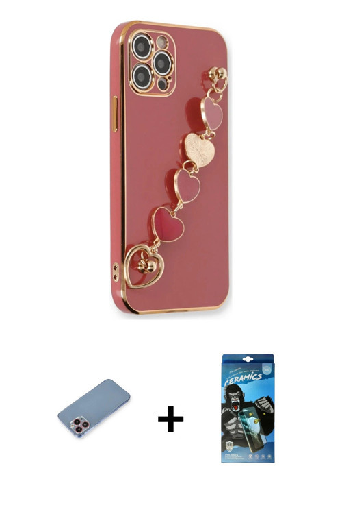 iPhone 12 Pro Max Kılıf Nova Işık Prime - Siyah 34D Izgaralı Cam + Pembe Shine Kamera Lens Koru