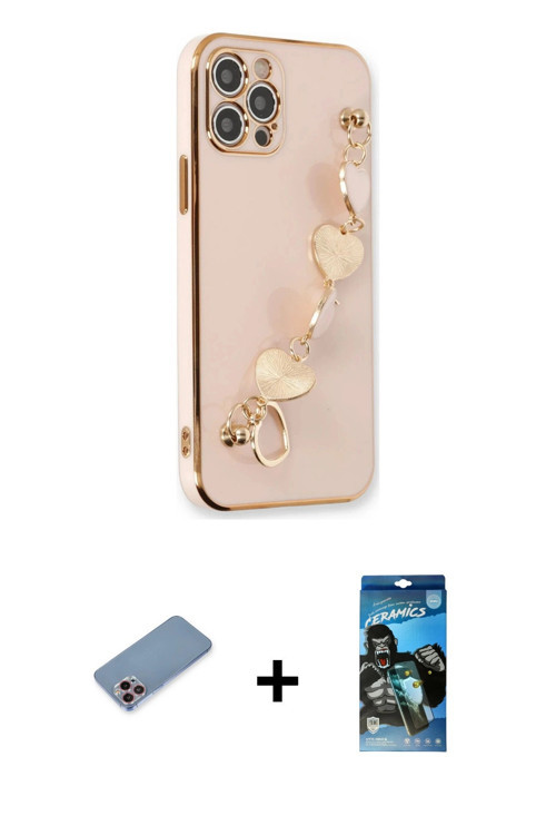 iPhone 12 Pro Max Kılıf Nova Işık Prime - Siyah 34D Izgaralı Cam + Pembe Shine Kamera Lens Koru