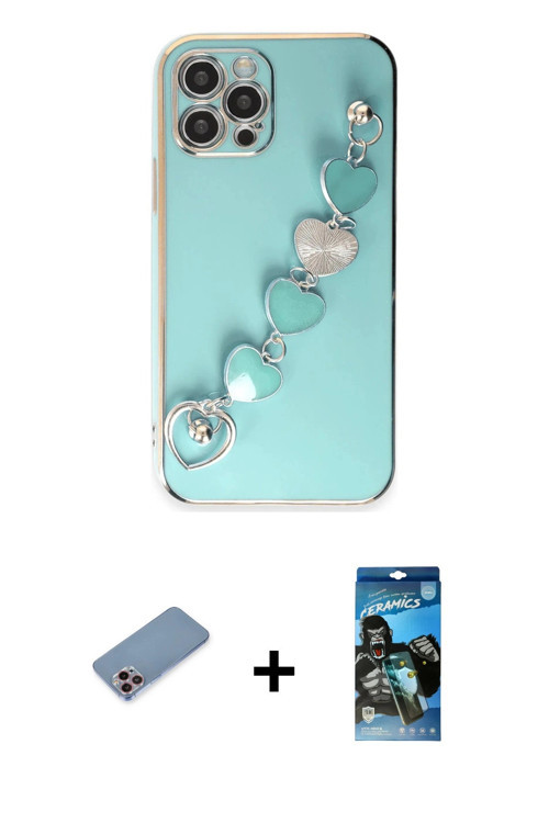 iPhone 12 Pro Max Kılıf Nova Işık Prime - Siyah 34D Izgaralı Cam + Pembe Shine Kamera Lens Koru