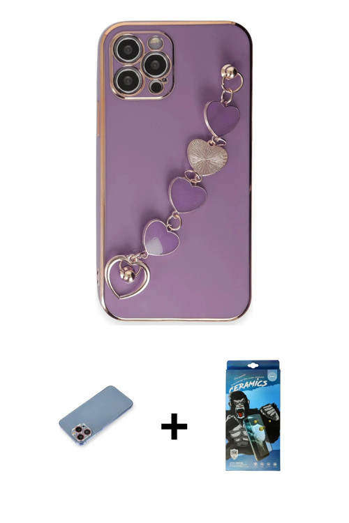 iPhone 12 Pro Max Kılıf Nova Işık Prime - Siyah 34D Izgaralı Cam + Pembe Shine Kamera Lens Koru