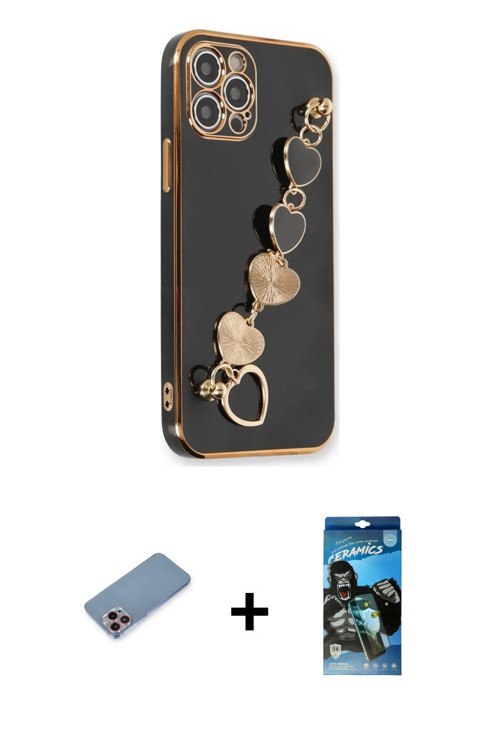 iPhone 12 Pro Max Kılıf Nova Işık Prime - Siyah 34D Izgaralı Cam + Pembe Shine Kamera Lens Koru