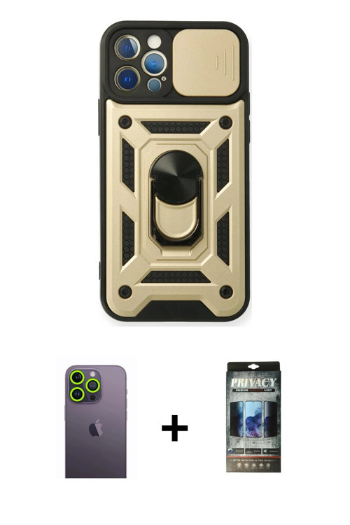 iPhone 12 Pro Kılıf Ahenk Klasik - Siyah 34D Hayalet Izgaralı Cam + Yeşil Neon Fosforlu Kamera
