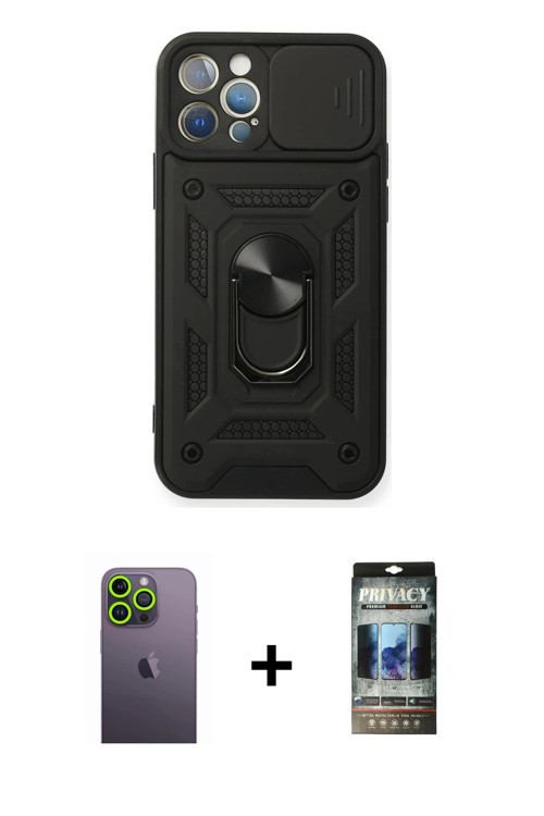 iPhone 12 Pro Kılıf Ahenk Klasik - Siyah 34D Hayalet Izgaralı Cam + Yeşil Neon Fosforlu Kamera