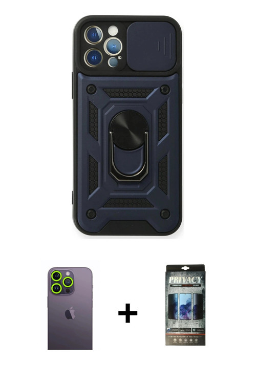 iPhone 12 Pro Kılıf Ahenk Klasik - Siyah 34D Hayalet Izgaralı Cam + Yeşil Neon Fosforlu Kamera