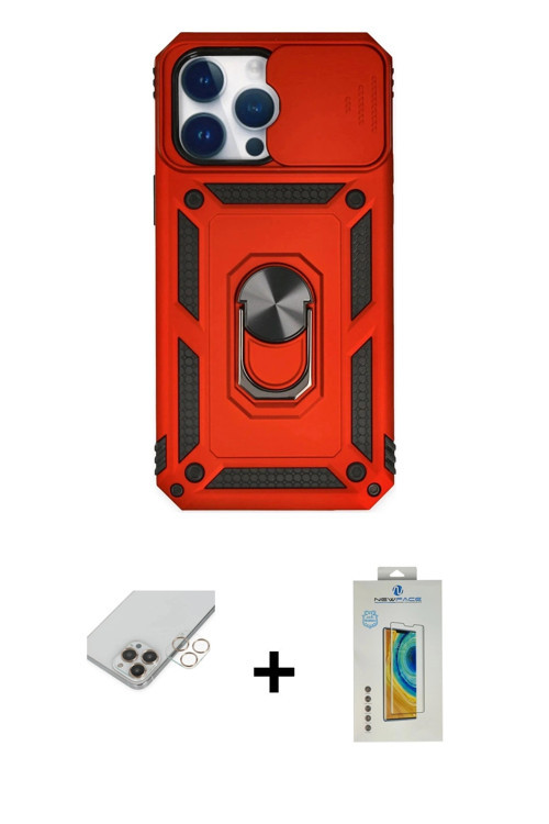 iPhone 14 Pro Max Kılıf Ahenk Klasik - Siyah Polymer Nano Ekran Koruyucu + Gold Band Metal Kame