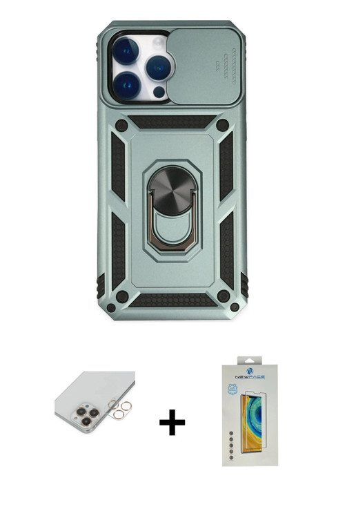 iPhone 14 Pro Max Kılıf Ahenk Klasik - Siyah Polymer Nano Ekran Koruyucu + Gold Band Metal Kame