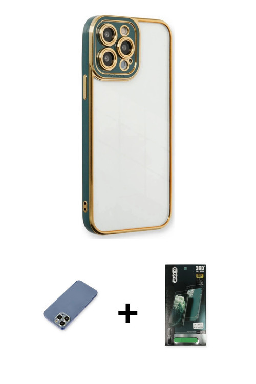 iPhone 13 Pro Kılıf Çekirdek Klasik Serisi - Şeffaf 360 Full Body Arka Koruyucu + Açık Yeşil Me
