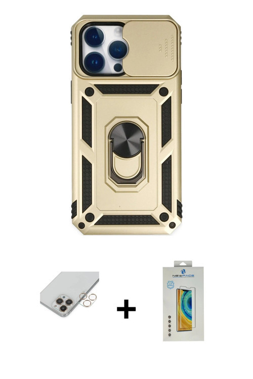 iPhone 14 Pro Max Kılıf Ahenk Klasik - Siyah Polymer Nano Ekran Koruyucu + Gold Band Metal Kame
