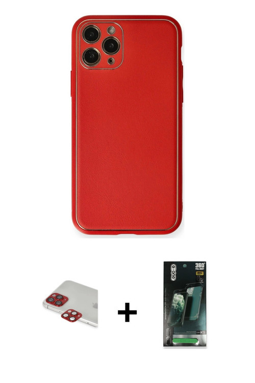 iPhone 11 Pro Max Kılıf Yadigar Klasik - Şeffaf 360 Full Body Arka Koruyucu + Kırmızı Pers Alüm