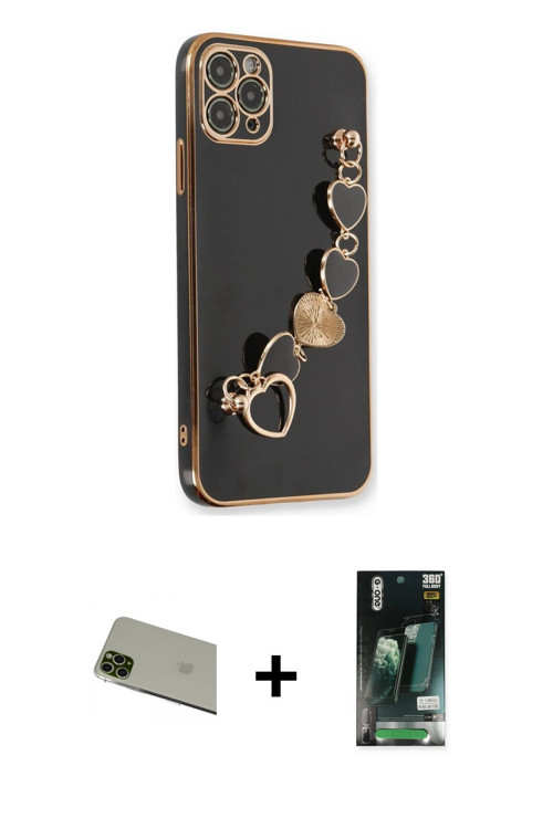 iPhone 11 Pro Max Kılıf Nova Işık Prime - Siyah 360 Mat Full Body Arka Koruyucu + Yeşil Rainbow