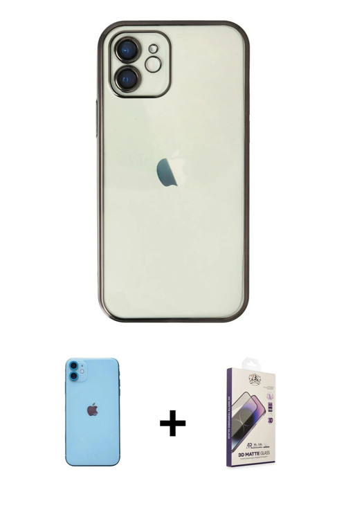 iPhone 11 Kılıf Vadi Minimal - Siyah Bilvis 3D Mat Cam Ekran Koruyucu + Mavi Neon Fosforlu Kame