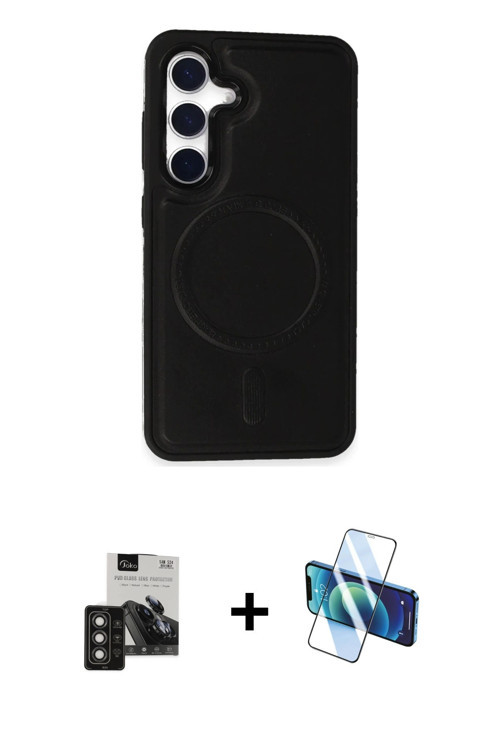 Galaxy S24 Kılıf Zirve Işık Serisi - Siyah 3D Antistatik Cam Ekran Koruyucu + Titan Gri PVD Met