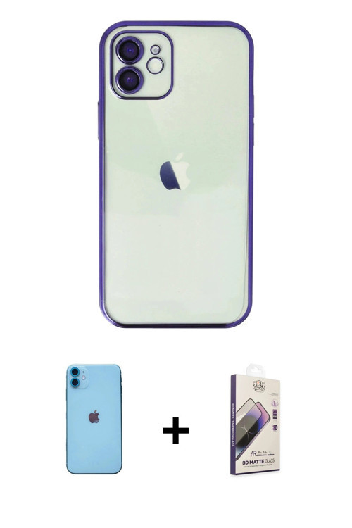 iPhone 11 Kılıf Vadi Minimal - Siyah Bilvis 3D Mat Cam Ekran Koruyucu + Mavi Neon Fosforlu Kame