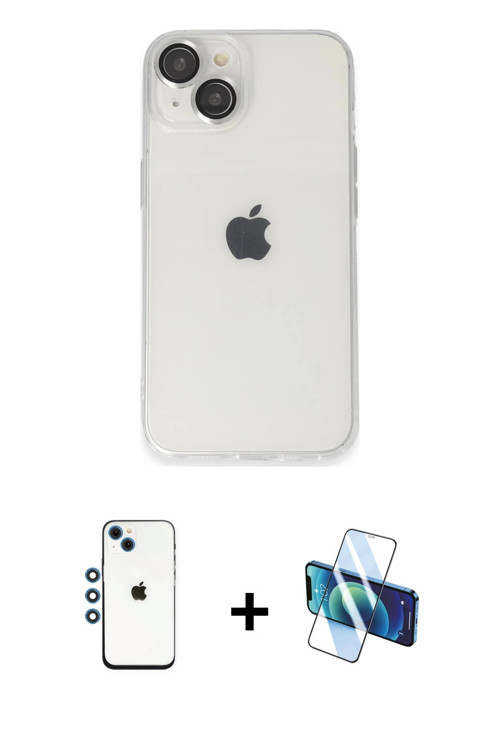 iPhone 14 Kılıf Ufuk Minimal Özel Seri - Siyah 3D Antistatik Cam Ekran Koruyucu + Mavi Shine Ka