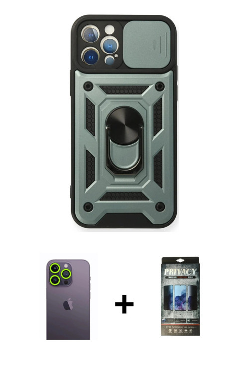 iPhone 12 Pro Kılıf Ahenk Klasik - Siyah 34D Hayalet Izgaralı Cam + Yeşil Neon Fosforlu Kamera