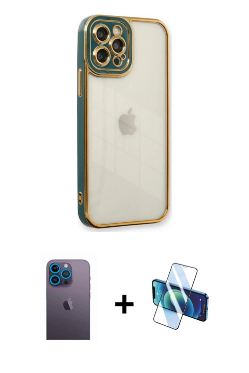 iPhone 12 Pro Max Kılıf Çekirdek Klasik Serisi - Siyah 3D Antistatik Cam Ekran Koruyucu + Mavi