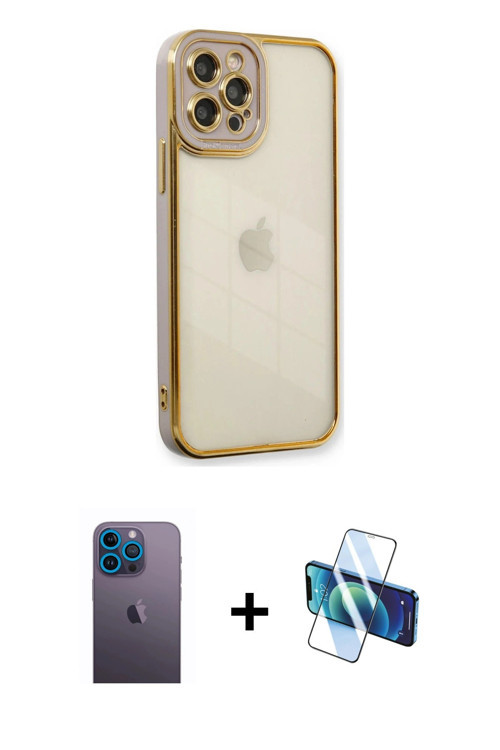 iPhone 12 Pro Max Kılıf Çekirdek Klasik Serisi - Siyah 3D Antistatik Cam Ekran Koruyucu + Mavi