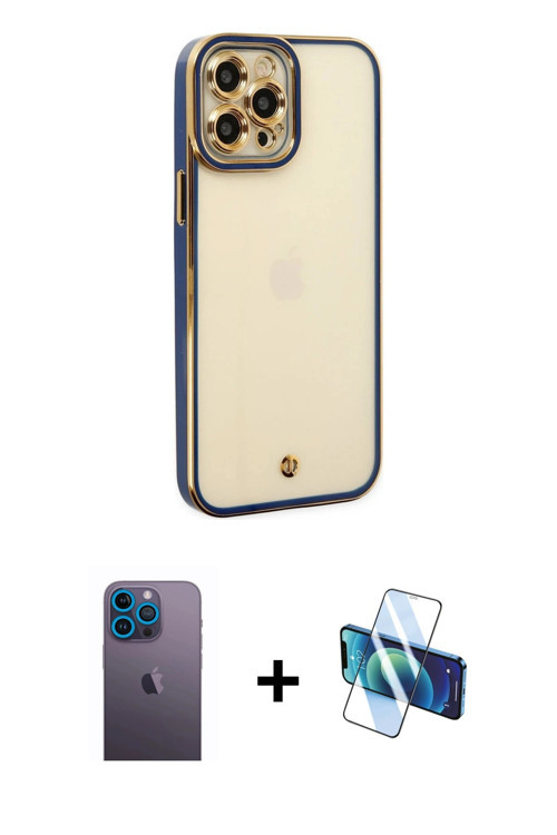 iPhone 12 Pro Max Kılıf Çekirdek Klasik Serisi - Siyah 3D Antistatik Cam Ekran Koruyucu + Mavi