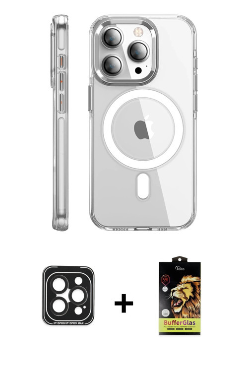 iPhone 15 Pro Max Kılıf Nova Doku - Siyah Buffer Cam Ekran Koruyucu + Siyah PVD Metal Kamera Le