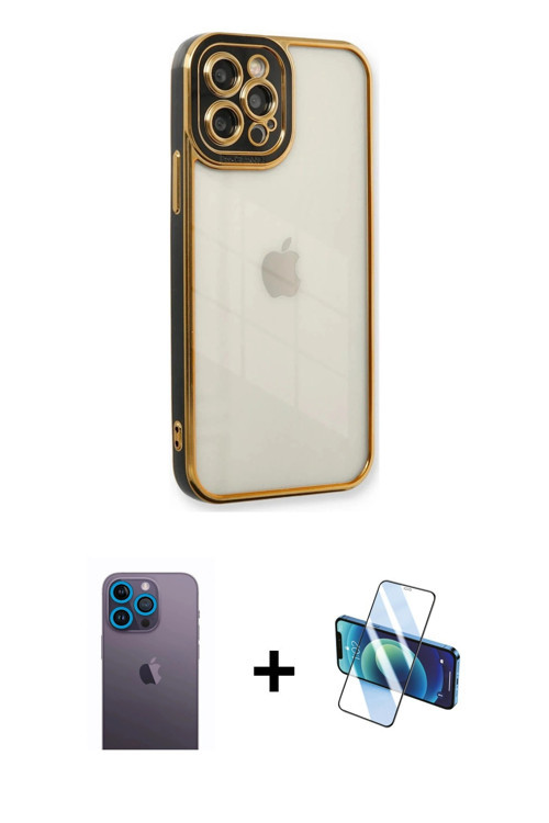 iPhone 12 Pro Max Kılıf Çekirdek Klasik Serisi - Siyah 3D Antistatik Cam Ekran Koruyucu + Mavi