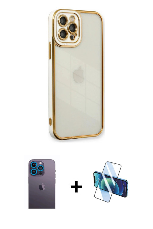iPhone 12 Pro Max Kılıf Çekirdek Klasik Serisi - Siyah 3D Antistatik Cam Ekran Koruyucu + Mavi