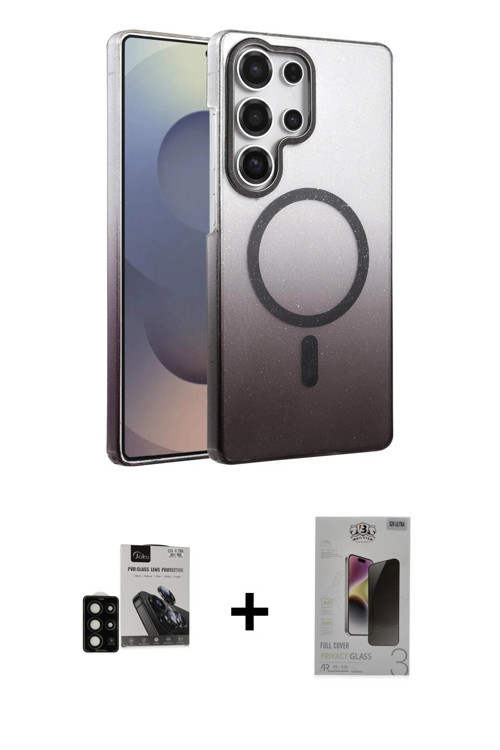 Galaxy S24 Ultra Kılıf Ahenk Doku Özel Seri - Siyah Bilvis Hayalet Cam Ekran Koruyucu + Siyah P
