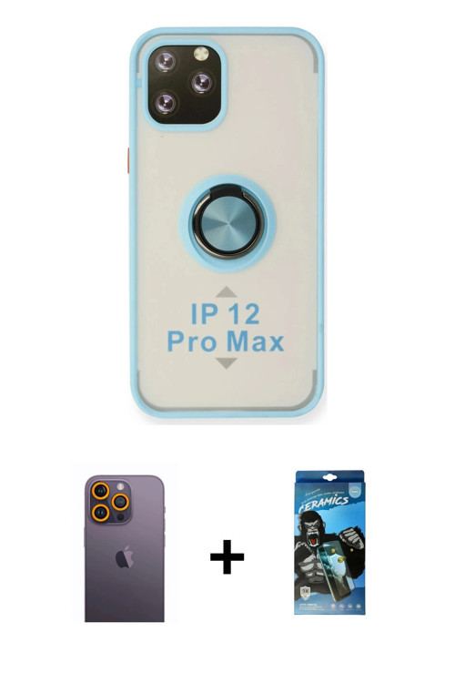 iPhone 12 Pro Max Kılıf Yörünge Çizgi - Siyah 34D Izgaralı Cam + Sarı Neon Fosforlu Kamera Lens