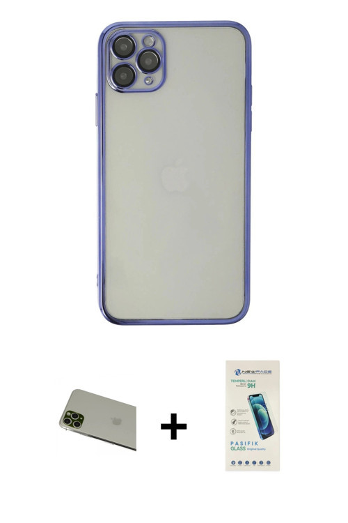 iPhone 11 Pro Max Kılıf Vadi Minimal - Şeffaf Pasifik Cam Ekran Koruyucu + Yeşil Rainbow Kamera