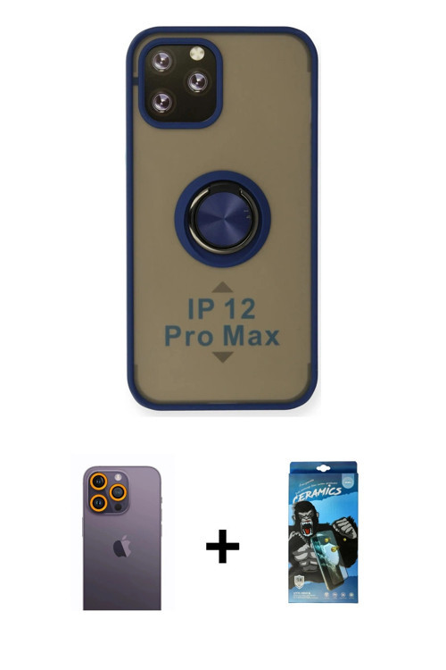iPhone 12 Pro Max Kılıf Yörünge Çizgi - Siyah 34D Izgaralı Cam + Sarı Neon Fosforlu Kamera Lens