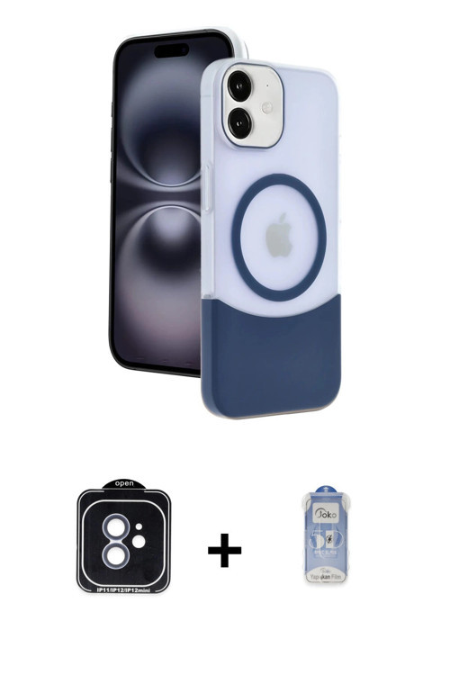 iPhone 11 Kılıf Kozmos Form Özel Seri - Siyah Joko Magic 5D Cam + Mavi PVD Metal Kamera Lens