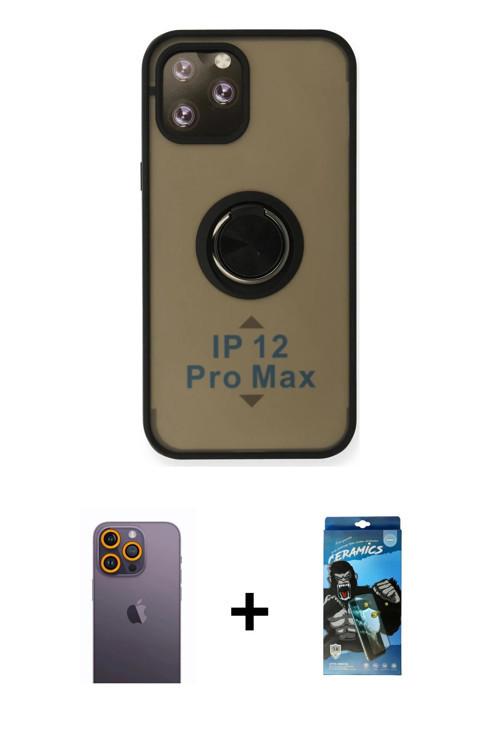iPhone 12 Pro Max Kılıf Yörünge Çizgi - Siyah 34D Izgaralı Cam + Sarı Neon Fosforlu Kamera Lens
