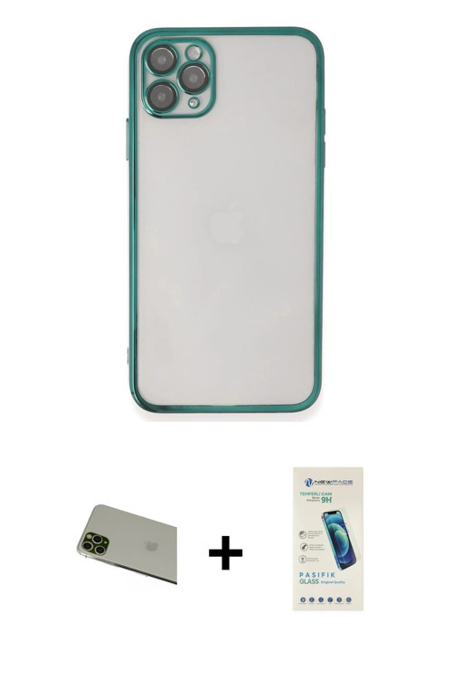 iPhone 11 Pro Max Kılıf Vadi Minimal - Şeffaf Pasifik Cam Ekran Koruyucu + Yeşil Rainbow Kamera