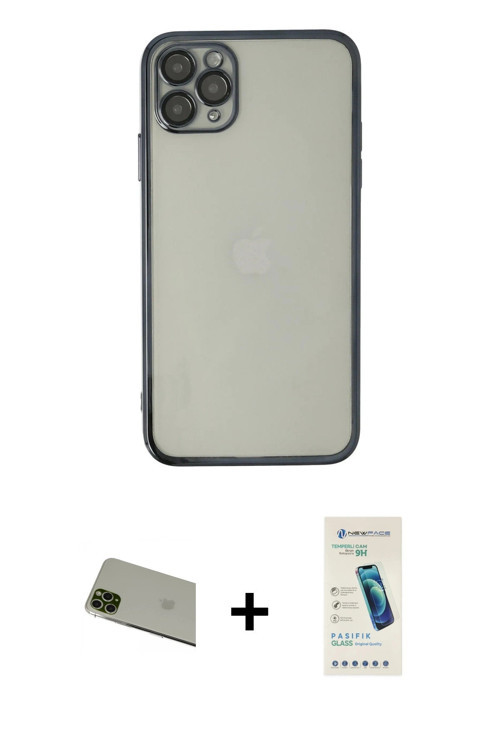 iPhone 11 Pro Max Kılıf Vadi Minimal - Şeffaf Pasifik Cam Ekran Koruyucu + Yeşil Rainbow Kamera