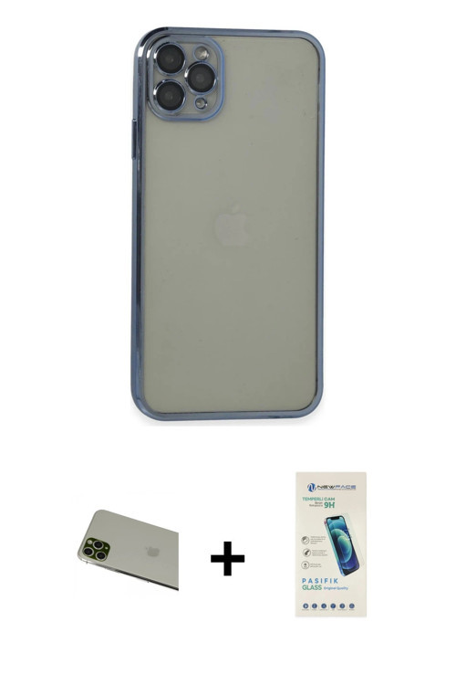 iPhone 11 Pro Max Kılıf Vadi Minimal - Şeffaf Pasifik Cam Ekran Koruyucu + Yeşil Rainbow Kamera
