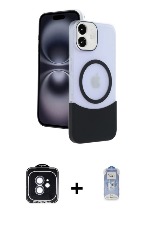 iPhone 11 Kılıf Kozmos Form Özel Seri - Siyah Joko Magic 5D Cam + Mavi PVD Metal Kamera Lens