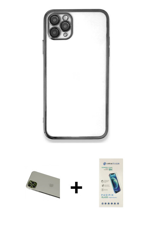 iPhone 11 Pro Max Kılıf Vadi Minimal - Şeffaf Pasifik Cam Ekran Koruyucu + Yeşil Rainbow Kamera